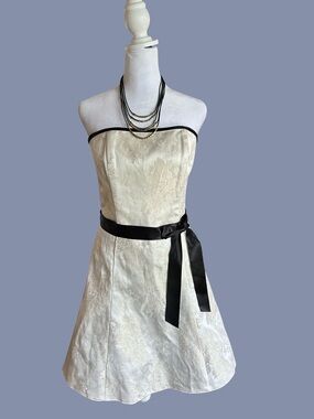 Jessica McClintock Ivory Strapless Brocade Dress with Black Trim & tulle